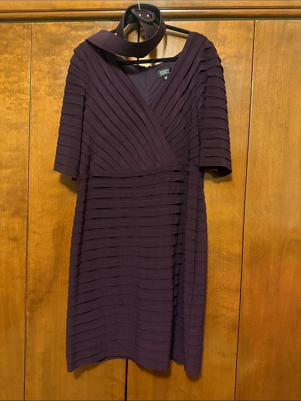 Adrianna Papell Deep Plum Layered V‑Neck Midi Dress
